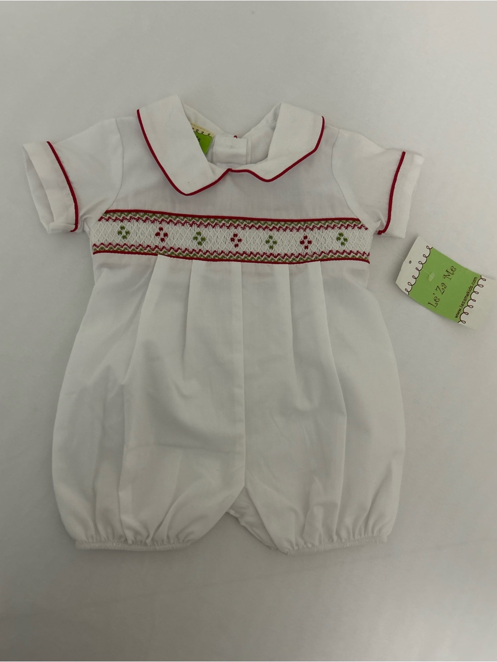 White Baby Smocked Romper with Red Trim Le’ Za Me 6M
